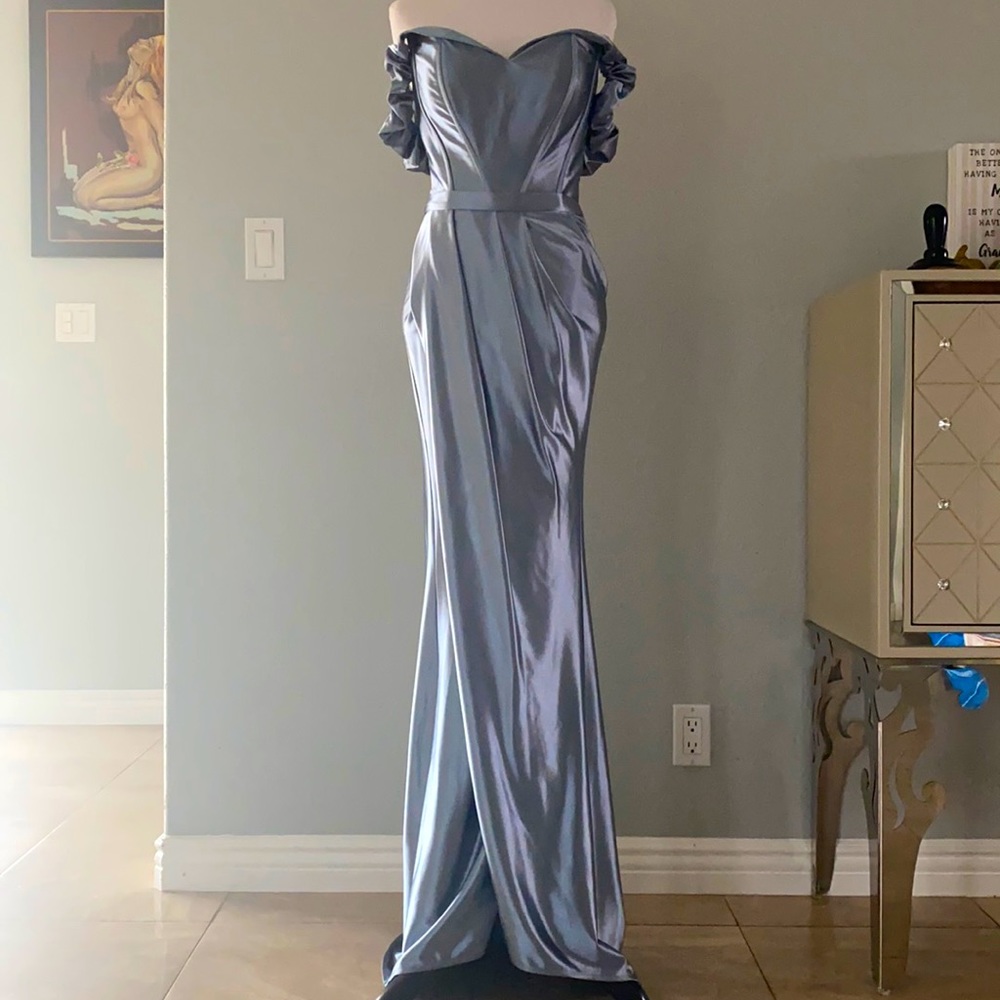 Cest La Vie Couture Evening Gown in Powder Blue Silk Off Shoulder with Train